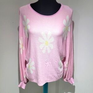 Ekouaer Women's Daisy Print Dolman Sleeve Knit Sweater Size XXL Pink White